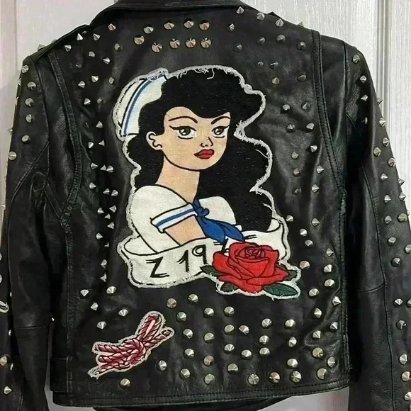 **Host Pick **ZARA BLACK REAL LEATHER BIKER JACKET WITH  STUDS AND PATCHES - Picture 11 of 17